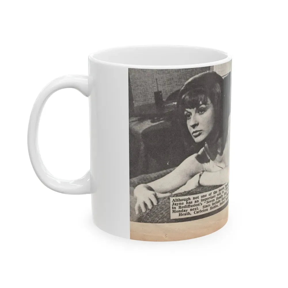 Jennifer Jayne #15 - 7x4 B&W Sexy Photo on Bed from U.K. News Paper Clipping (Vintage Female Icon) White Coffee Mug - Go Mug Yourself