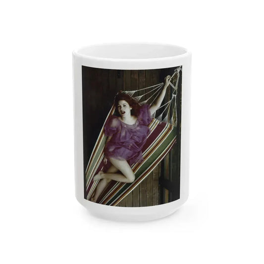 Jill St. John #339 - 8x10 Color HQ Negative Re-Strike see through some pinkish purple linergie gown barefoot in Hammack (Vintage Female Icon) White Coffee Mug 15oz - Go Mug Yourself