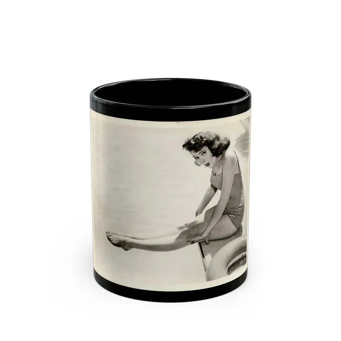 Jill St. John #341 - Vintage 8x10 B&W 1-Piece Swimsuit Cheesecake Photo Barefoot '58 or '59 (Vintage Female Icon) Black Coffee Mug 11oz - Go Mug Yourself