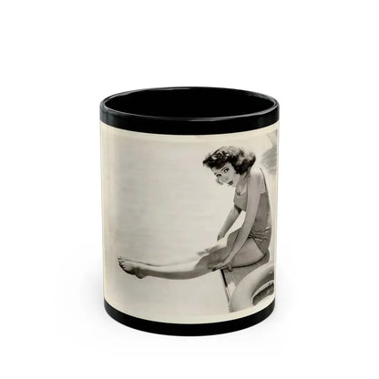 Jill St. John #341 - Vintage 8x10 B&W 1-Piece Swimsuit Cheesecake Photo Barefoot '58 or '59 (Vintage Female Icon) Black Coffee Mug 11oz - Go Mug Yourself