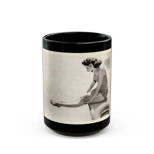Jill St. John #341 - Vintage 8x10 B&W 1-Piece Swimsuit Cheesecake Photo Barefoot '58 or '59 (Vintage Female Icon) Black Coffee Mug 15oz - Go Mug Yourself