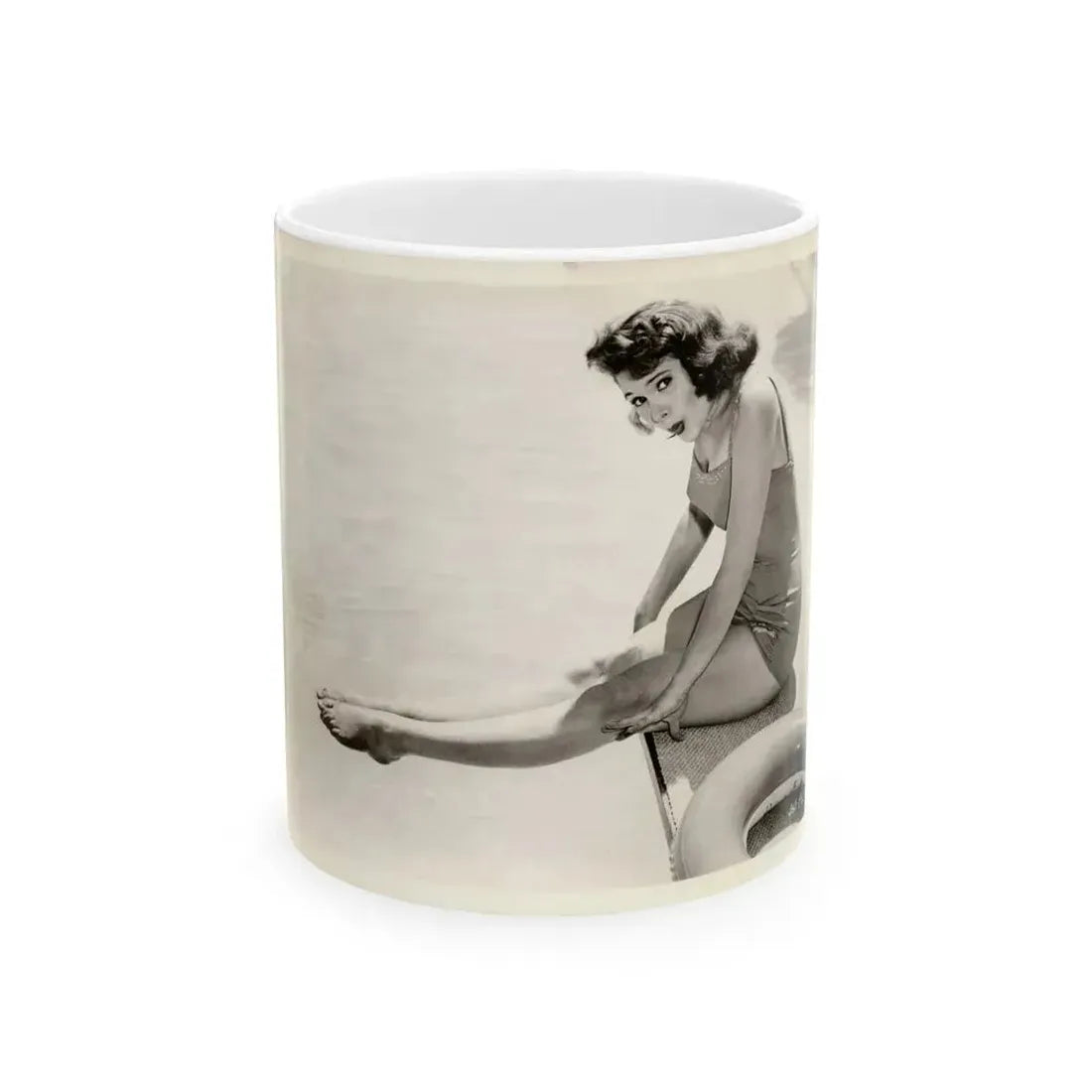 Jill St. John #341 - Vintage 8x10 B&W 1-Piece Swimsuit Cheesecake Photo Barefoot '58 or '59 (Vintage Female Icon) White Coffee Mug 11oz - Go Mug Yourself