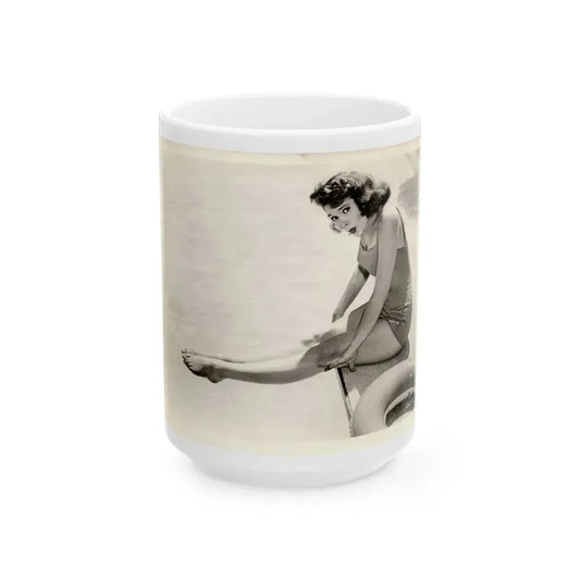 Jill St. John #341 - Vintage 8x10 B&W 1-Piece Swimsuit Cheesecake Photo Barefoot '58 or '59 (Vintage Female Icon) White Coffee Mug 15oz - Go Mug Yourself