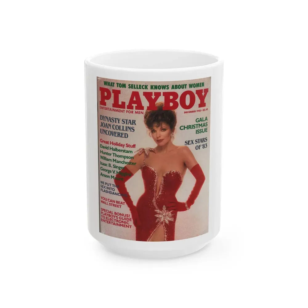 Joan Collins #384 - Playboy Mag. Cover Dec. '83 featuring, Joan on Cover+Spread (Vintage Female Icon) White Coffee Mug 15oz - Go Mug Yourself
