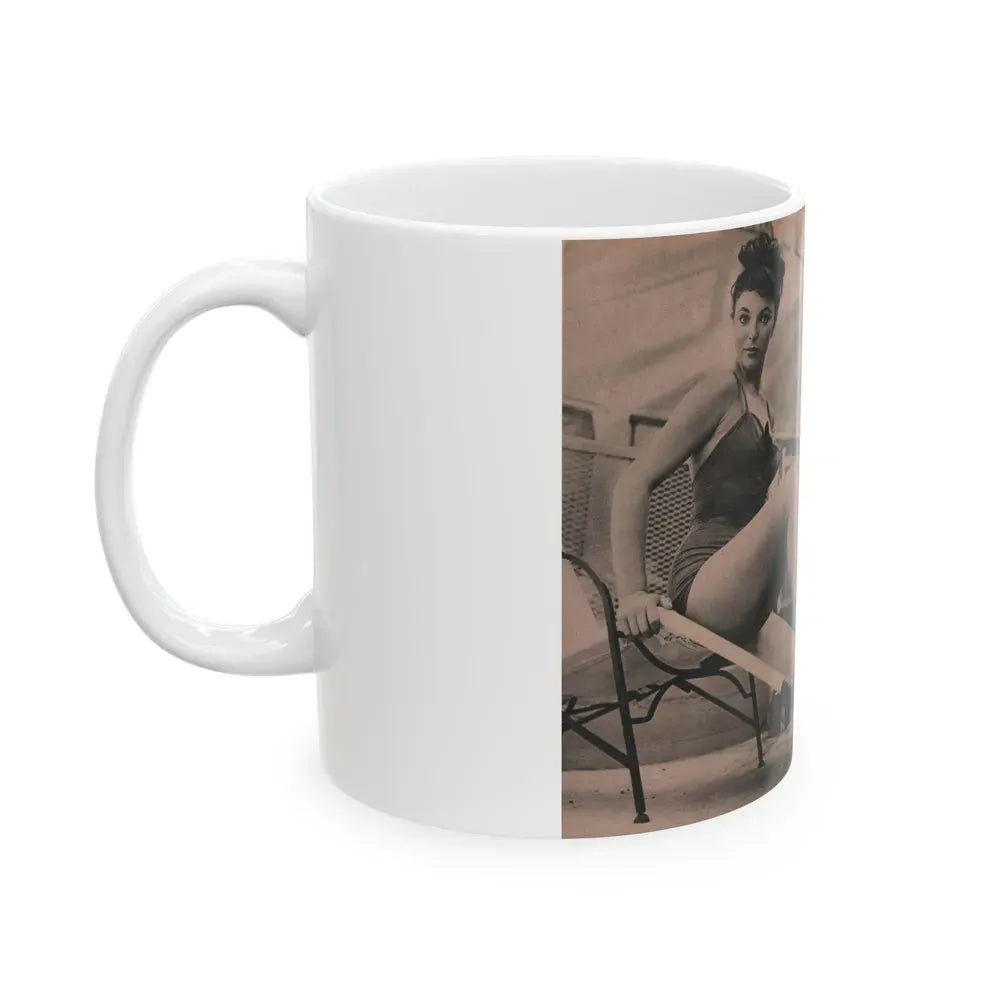 Joan Collins #551 - Photo Digest Mag. Jan. '56 - 3 B&W Photos, Captions & Short Paragraph (Vintage Female Icon) White Coffee Mug - Go Mug Yourself