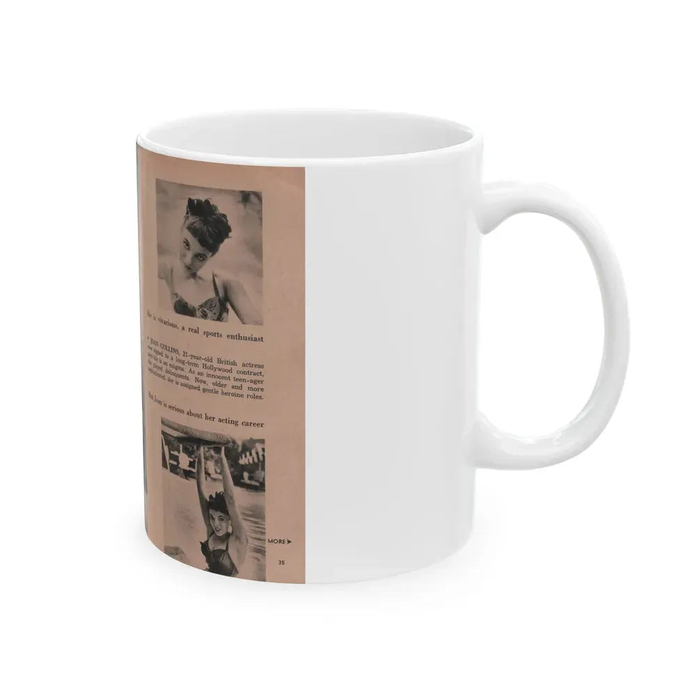 Joan Collins #551 - Photo Digest Mag. Jan. '56 - 3 B&W Photos, Captions & Short Paragraph (Vintage Female Icon) White Coffee Mug - Go Mug Yourself