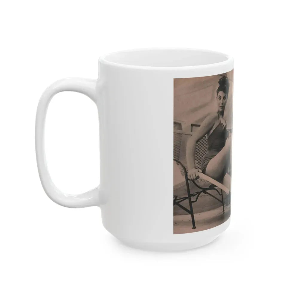 Joan Collins #551 - Photo Digest Mag. Jan. '56 - 3 B&W Photos, Captions & Short Paragraph (Vintage Female Icon) White Coffee Mug - Go Mug Yourself