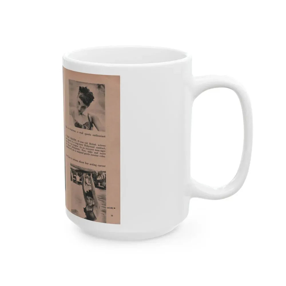Joan Collins #551 - Photo Digest Mag. Jan. '56 - 3 B&W Photos, Captions & Short Paragraph (Vintage Female Icon) White Coffee Mug - Go Mug Yourself