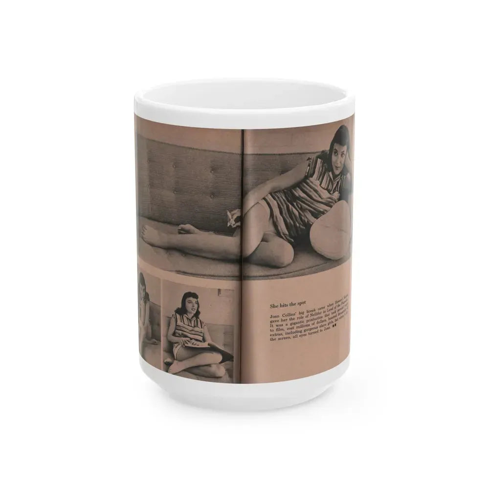 Joan Collins #552 - Photo Digest Mag. Jan. '56 - 3 B&W Photos (Vintage Female Icon) White Coffee Mug 15oz - Go Mug Yourself