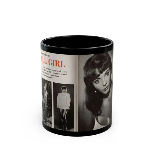 Joan Collins #685 - 2 Pages, 3 B&W Photos & Captions from Picture Week 3-27-56 (Vintage Female Icon) Black Coffee Mug 11oz - Go Mug Yourself