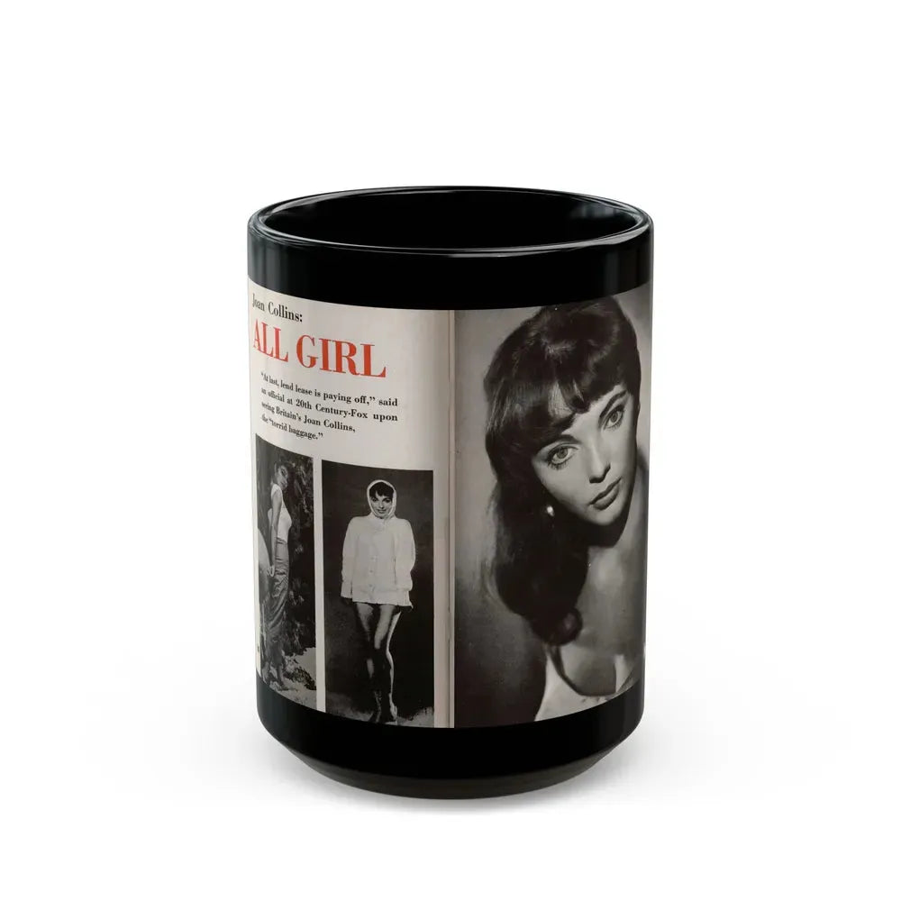 Joan Collins #685 - 2 Pages, 3 B&W Photos & Captions from Picture Week 3-27-56 (Vintage Female Icon) Black Coffee Mug 15oz - Go Mug Yourself