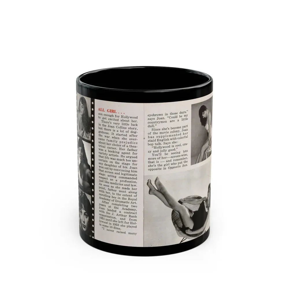 Joan Collins #687 - 2 Pages, 5 B&W Photos & Article Ending from Picture Week 3-27-56 (Vintage Female Icon) Black Coffee Mug 11oz - Go Mug Yourself