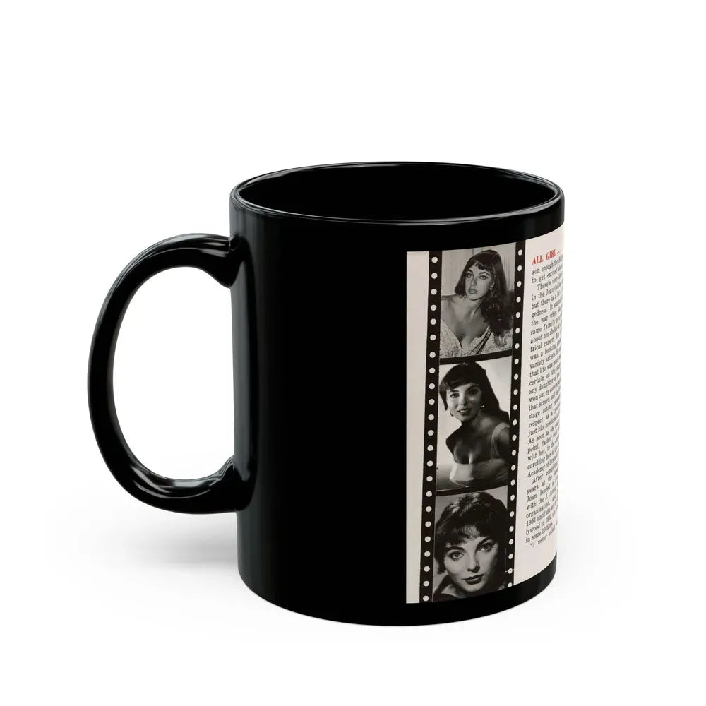 Joan Collins #687 - 2 Pages, 5 B&W Photos & Article Ending from Picture Week 3-27-56 (Vintage Female Icon) Black Coffee Mug - Go Mug Yourself