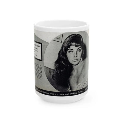 Joan Collins #688 - 1 B&W Portrait Head & Sholder Glamour Shot from Movie Star Magazine Circa 1950's (Vintage Female Icon) White Coffee Mug 15oz - Go Mug Yourself