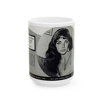Joan Collins #688 - 1 B&W Portrait Head & Sholder Glamour Shot from Movie Star Magazine Circa 1950's (Vintage Female Icon) White Coffee Mug 15oz - Go Mug Yourself