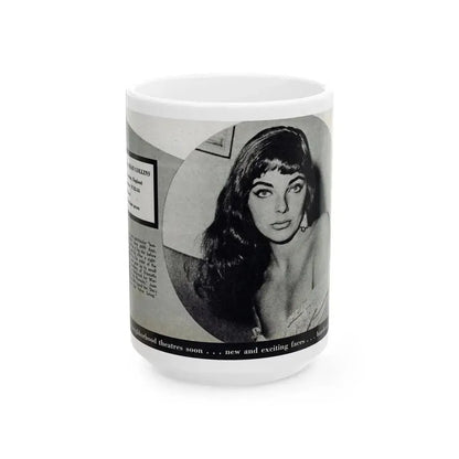 Joan Collins #688 - 1 B&W Portrait Head & Sholder Glamour Shot from Movie Star Magazine Circa 1950's (Vintage Female Icon) White Coffee Mug 15oz - Go Mug Yourself