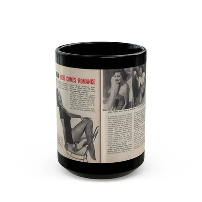 Joan Shawlee #47 - Pages 60 & 61 - Pages 1 & 2 of 3 with, Joan+3 B&W Photos, Captions & Article on her from People Today Pocket Mag. 1-26-55 (Vintage Female Icon) Black Coffee Mug 15oz - Go Mug Yourself