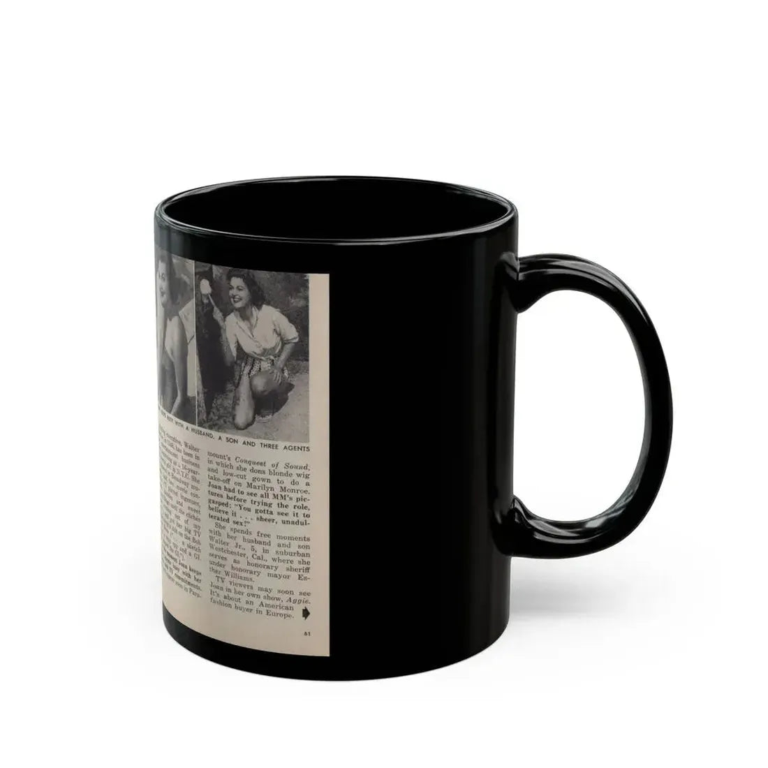 Joan Shawlee #47 - Pages 60 & 61 - Pages 1 & 2 of 3 with, Joan+3 B&W Photos, Captions & Article on her from People Today Pocket Mag. 1-26-55 (Vintage Female Icon) Black Coffee Mug - Go Mug Yourself