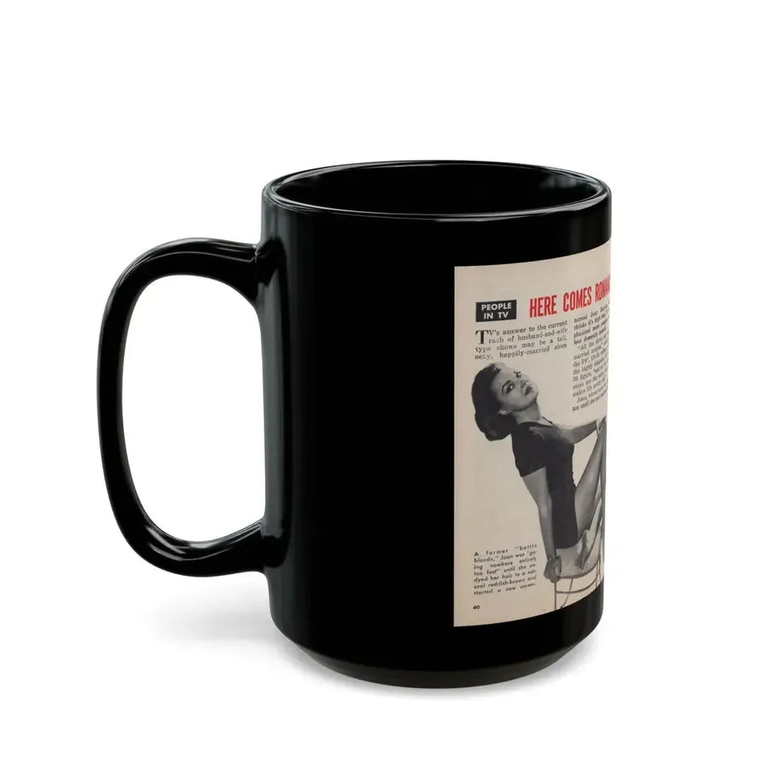 Joan Shawlee #47 - Pages 60 & 61 - Pages 1 & 2 of 3 with, Joan+3 B&W Photos, Captions & Article on her from People Today Pocket Mag. 1-26-55 (Vintage Female Icon) Black Coffee Mug - Go Mug Yourself
