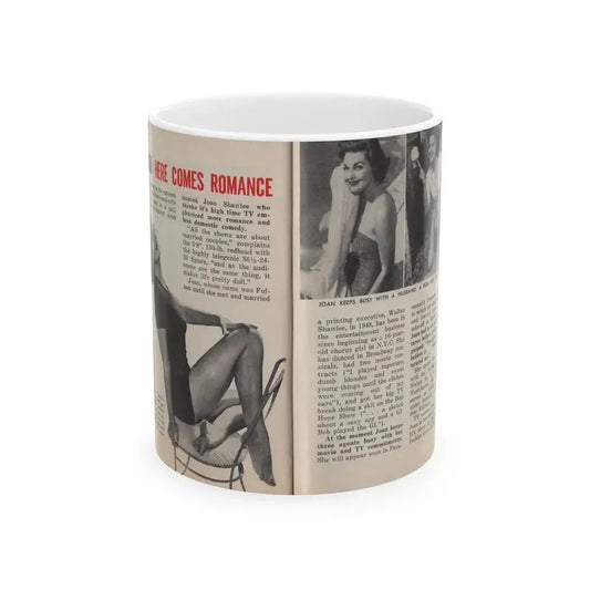 Joan Shawlee #47 - Pages 60 & 61 - Pages 1 & 2 of 3 with, Joan+3 B&W Photos, Captions & Article on her from People Today Pocket Mag. 1-26-55 (Vintage Female Icon) White Coffee Mug 11oz - Go Mug Yourself