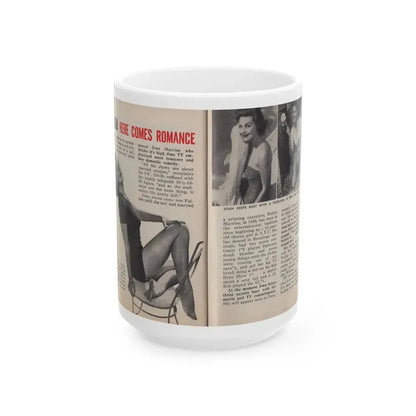 Joan Shawlee #47 - Pages 60 & 61 - Pages 1 & 2 of 3 with, Joan+3 B&W Photos, Captions & Article on her from People Today Pocket Mag. 1-26-55 (Vintage Female Icon) White Coffee Mug 15oz - Go Mug Yourself