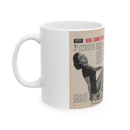 Joan Shawlee #47 - Pages 60 & 61 - Pages 1 & 2 of 3 with, Joan+3 B&W Photos, Captions & Article on her from People Today Pocket Mag. 1-26-55 (Vintage Female Icon) White Coffee Mug - Go Mug Yourself