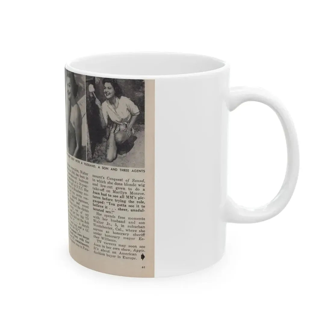 Joan Shawlee #47 - Pages 60 & 61 - Pages 1 & 2 of 3 with, Joan+3 B&W Photos, Captions & Article on her from People Today Pocket Mag. 1-26-55 (Vintage Female Icon) White Coffee Mug - Go Mug Yourself