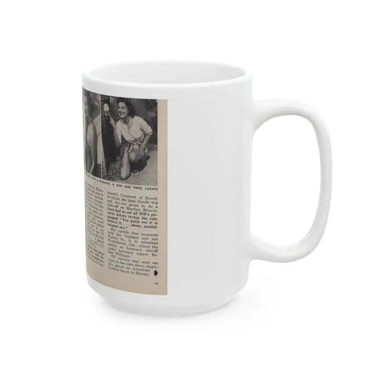 Joan Shawlee #47 - Pages 60 & 61 - Pages 1 & 2 of 3 with, Joan+3 B&W Photos, Captions & Article on her from People Today Pocket Mag. 1-26-55 (Vintage Female Icon) White Coffee Mug - Go Mug Yourself