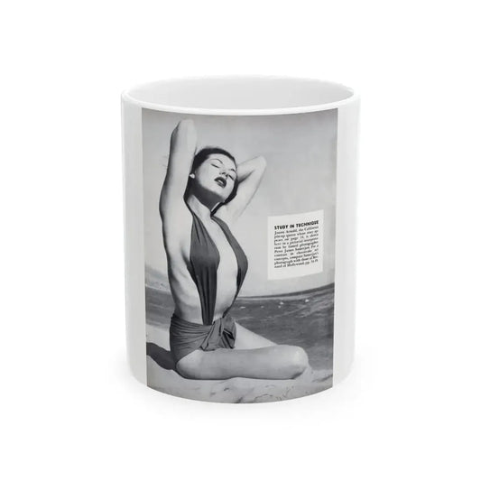 Joanne Arnold #100 - Inside of cover Intro to Jo Ann's Section 1 Caption & 1 B&W Photo from Modern Man Mag. Feb. '52 (Vintage Female Icon) White Coffee Mug 11oz - Go Mug Yourself