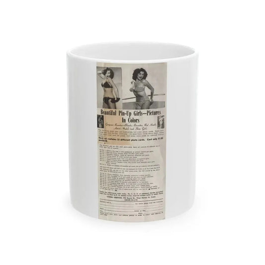 Joanne Arnold #128 - Pin-Up Girls Color Photos Purchase Advertisement Featuring 2 Upper Legs to Head B&W Pics of Jo Ann (Vintage Female Icon) White Coffee Mug 11oz - Go Mug Yourself