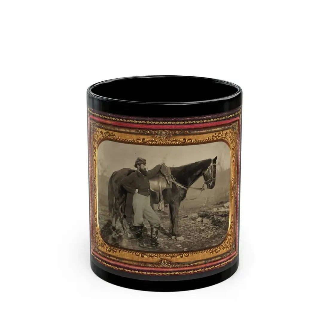 John E. Cummins Of The 50th, 99th, And 185th Ohio Infantry Regiments In Union Uniform Next To A Horse (U.S. Civil War) Black Coffee Mug 11oz - Go Mug Yourself