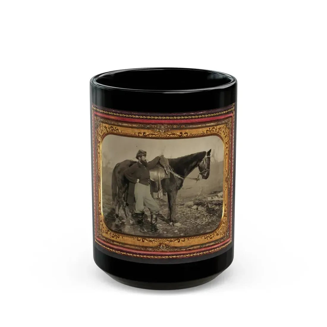 John E. Cummins Of The 50th, 99th, And 185th Ohio Infantry Regiments In Union Uniform Next To A Horse (U.S. Civil War) Black Coffee Mug 15oz - Go Mug Yourself