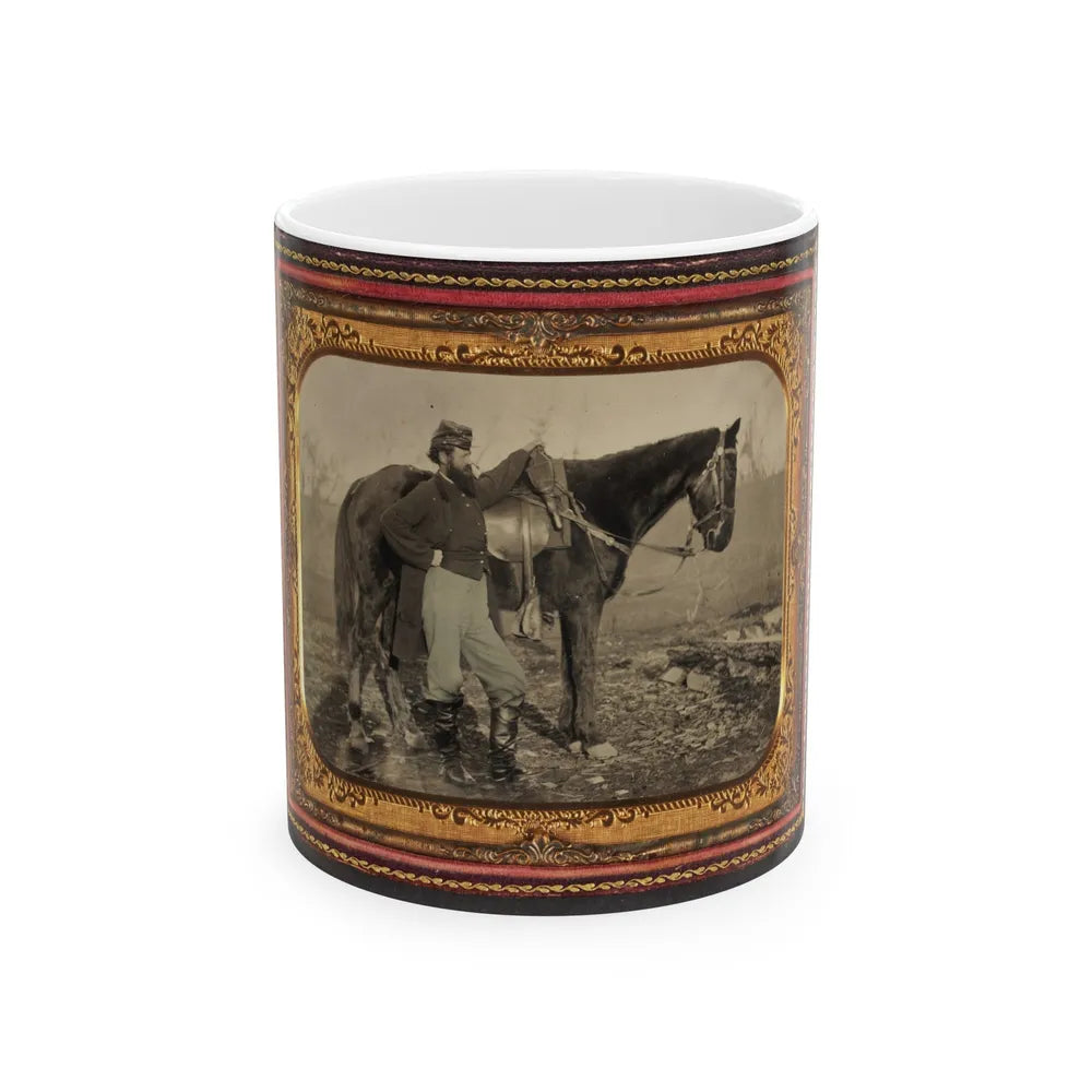 John E. Cummins Of The 50th, 99th, And 185th Ohio Infantry Regiments In Union Uniform Next To A Horse (U.S. Civil War) White Coffee Mug-11oz-Go Mug Yourself