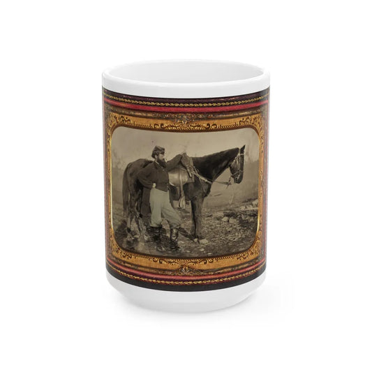 John E. Cummins Of The 50th, 99th, And 185th Ohio Infantry Regiments In Union Uniform Next To A Horse (U.S. Civil War) White Coffee Mug-15oz-Go Mug Yourself