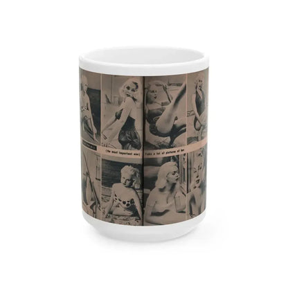 Joi Lansing #210 - 2 Pages, 8 B&W Photos & 2 Captions from EYE Digest Mag. June '55 (Vintage Female Icon) White Coffee Mug 15oz - Go Mug Yourself