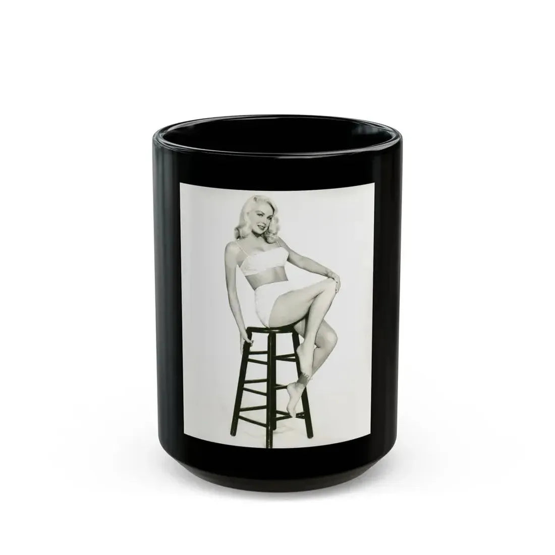 Joi Lansing #42 - 8x10 B&W Full Body 2-Piece Swimsuit Cheesecake Photo (Vintage Female Icon) Black Coffee Mug 15oz - Go Mug Yourself