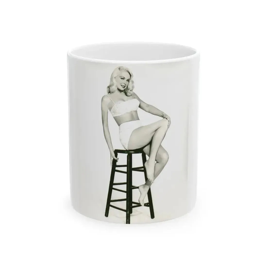 Joi Lansing #42 - 8x10 B&W Full Body 2-Piece Swimsuit Cheesecake Photo (Vintage Female Icon) White Coffee Mug 11oz - Go Mug Yourself