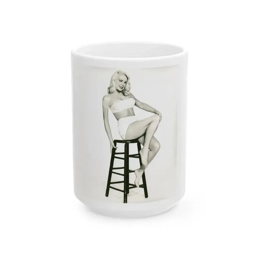 Joi Lansing #42 - 8x10 B&W Full Body 2-Piece Swimsuit Cheesecake Photo (Vintage Female Icon) White Coffee Mug 15oz - Go Mug Yourself