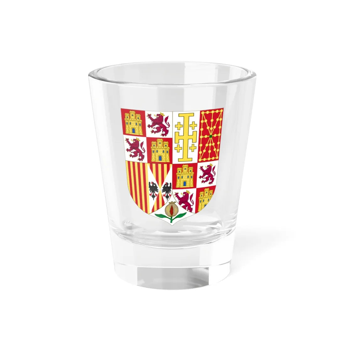 Joint Lesser Royal Arms of Charles I and Joanna as Spanish Monarchs (Spain) (Coat of Arms) Shot Glass 1.5oz 1.5oz - Go Mug Yourself