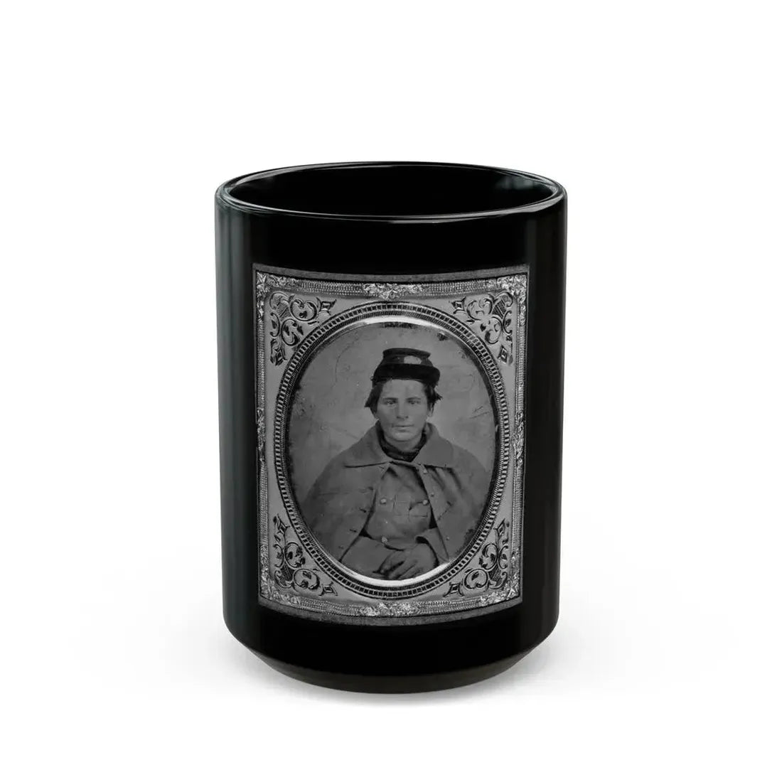 Jonas Nathan Shuler, Private, 10th Ill. Cav., U.S.A., Half-Length Portrait, Seated, Facing Front (U.S. Civil War) Black Coffee Mug 15oz - Go Mug Yourself