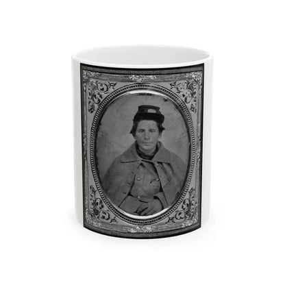 Jonas Nathan Shuler, Private, 10th Ill. Cav., U.S.A., Half-Length Portrait, Seated, Facing Front (U.S. Civil War) White Coffee Mug 11oz - Go Mug Yourself