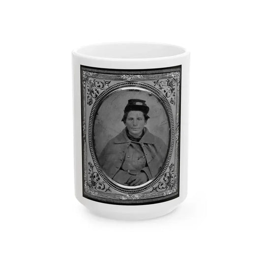 Jonas Nathan Shuler, Private, 10th Ill. Cav., U.S.A., Half-Length Portrait, Seated, Facing Front (U.S. Civil War) White Coffee Mug 15oz - Go Mug Yourself