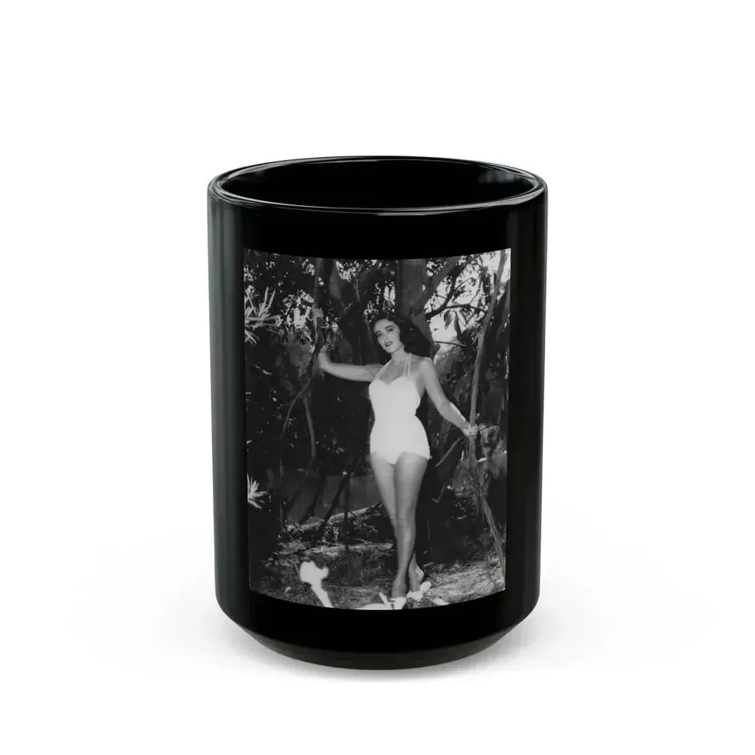 Julia Adams #106 - 8x10 B&W Full Body 1-Piece Swimsuit Promo Photo for Creature From The Black Lagoon '54 (Vintage Female Icon) Black Coffee Mug 15oz - Go Mug Yourself