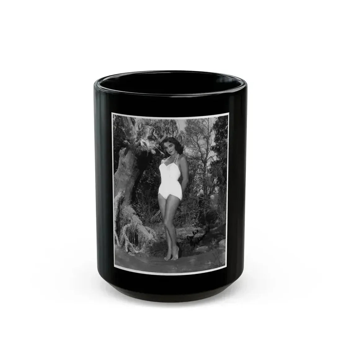 Julia Adams #177 - 8x10 B&W Full Body 1-Piece Swimsuit Promo Photo for Creature From The Black Lagoon '54 (Vintage Female Icon) Black Coffee Mug 15oz - Go Mug Yourself