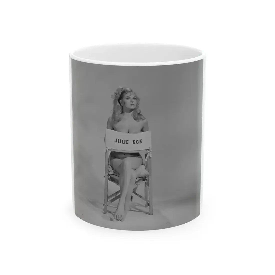 Julie Ege #271 - 8x10 B&W Semi Nude B&W Full Body Shot from 70's (Vintage Female Icon) White Coffee Mug 11oz - Go Mug Yourself