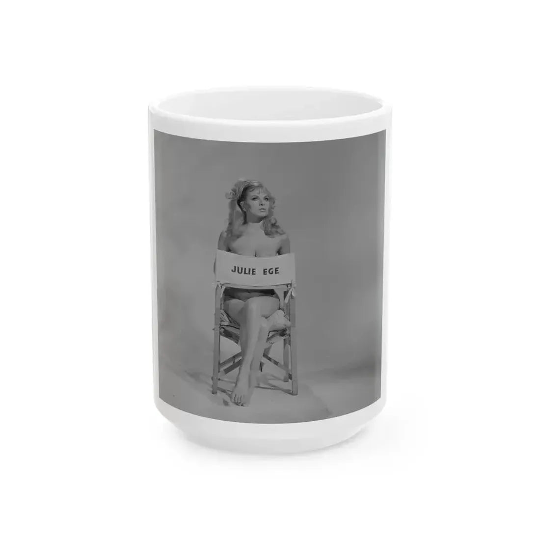 Julie Ege #271 - 8x10 B&W Semi Nude B&W Full Body Shot from 70's (Vintage Female Icon) White Coffee Mug 15oz - Go Mug Yourself