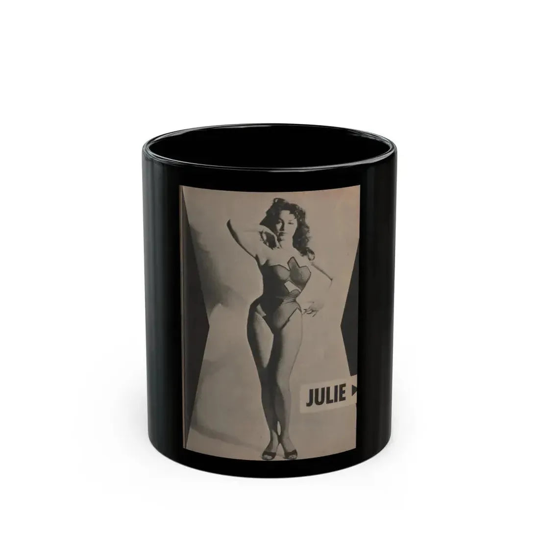Julie Newmar #350 - Pages 37 Pages 1 of 3 with, Julie+1 Full Page B&W Photo from JOY Digest Mag. Feb. '60 (Vintage Female Icon) Black Coffee Mug 11oz - Go Mug Yourself