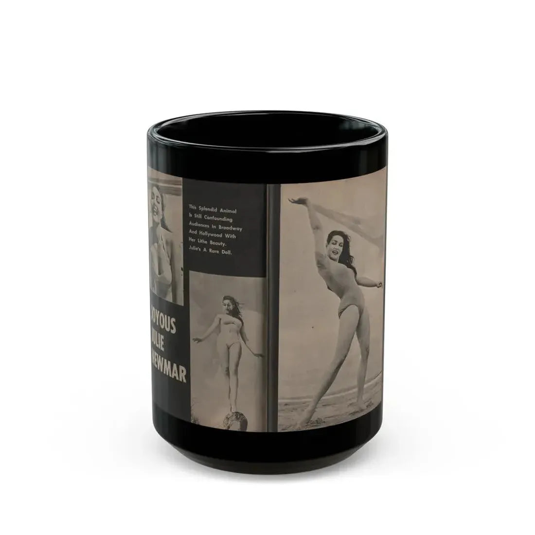 Julie Newmar #351 - Pages 38 & 39 Pages 2 & 3 of 3 with, Julie+3 B&W Photos from JOY Digest Mag. Feb. '60 (Vintage Female Icon) Black Coffee Mug 15oz - Go Mug Yourself