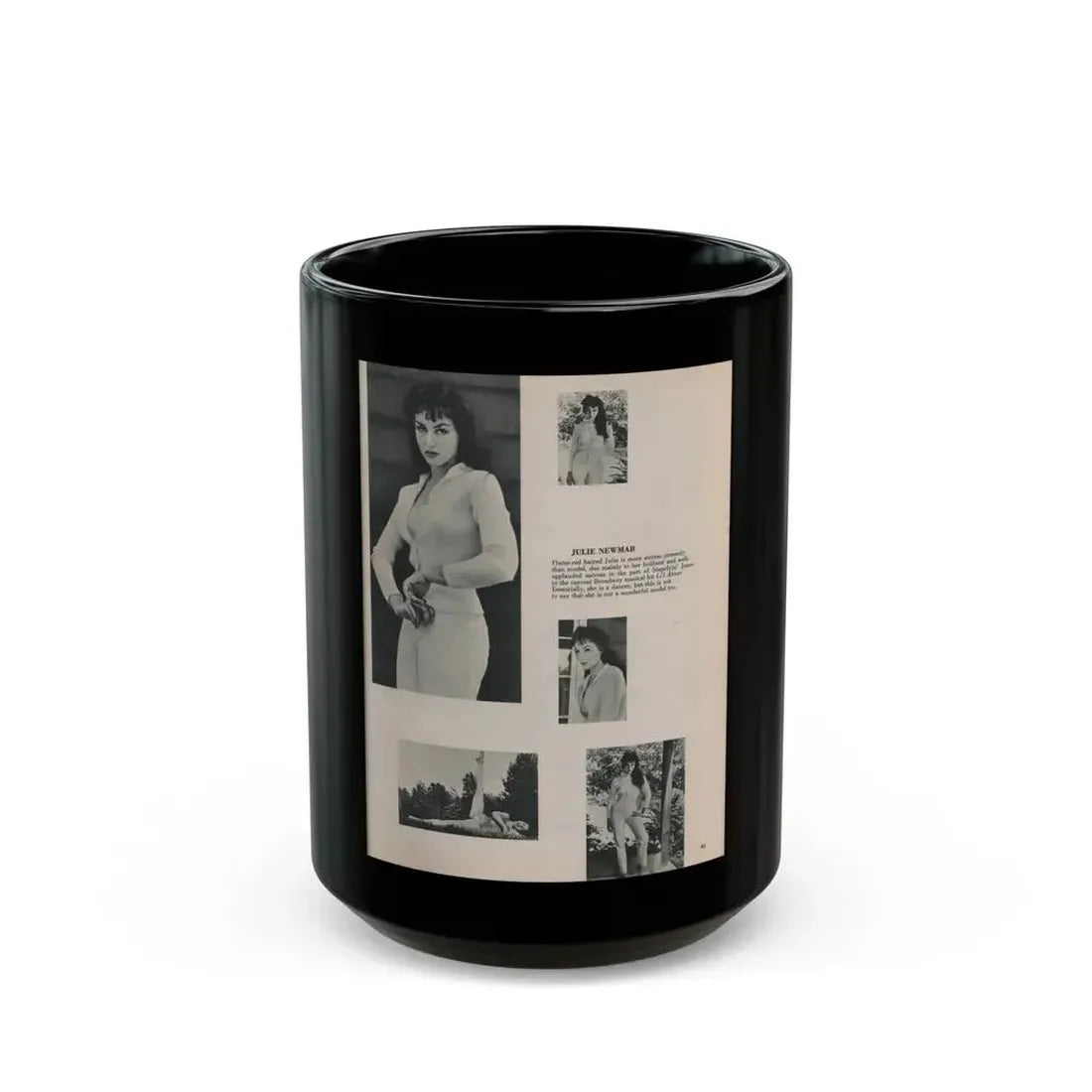 Julie Newmar #453 - Pages 45 Pages 2 of 2 with, Julie+5 B&W Photos & Caption from Bachelor Pin-Ups Issue #01 Mag. '57 (Vintage Female Icon) Black Coffee Mug 15oz - Go Mug Yourself