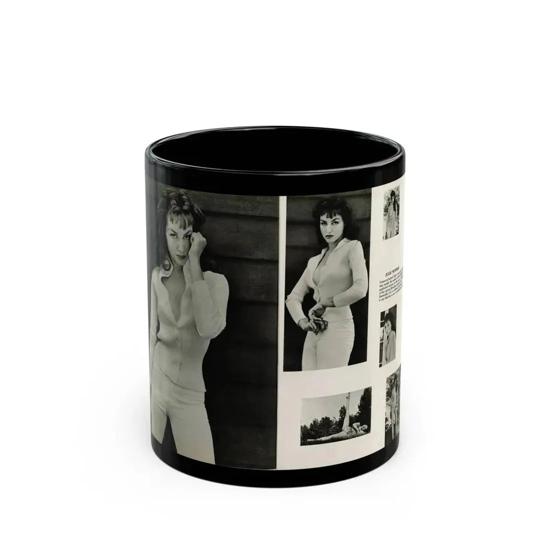 Julie Newmar #454 - Pages 44-45 Pages 1 & 2 of 2 with, Julie+6 B&W Photos & Caption from Bachelor Pin-Ups Issue #01 Mag. '57 (Vintage Female Icon) Black Coffee Mug 11oz - Go Mug Yourself